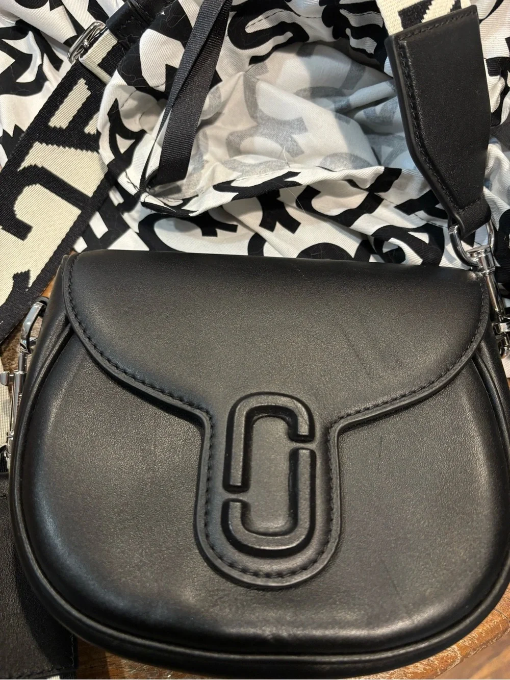 Marc Jacobs Black Leather Crossbody Saddle Bag with Silver Hardware